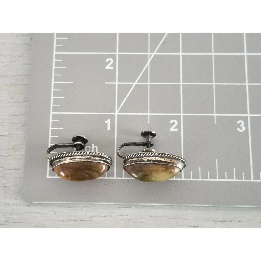 Vintage Sterling Silver Tiger Eye Oval Screw On Earrings